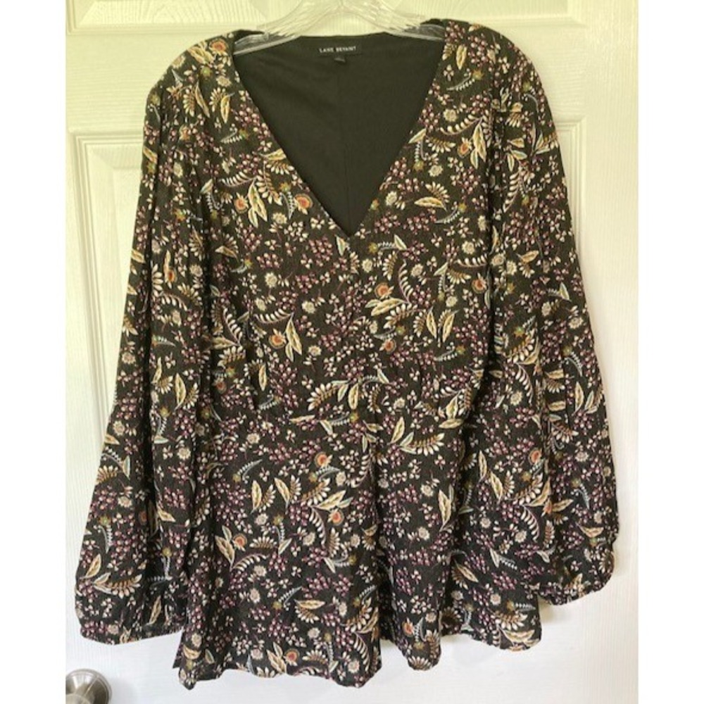 Lane Bryant Top Black Botanical Print Plus 18 LS Lined Relaxed Boho Casual